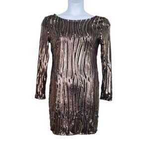 Little Mistress Womens Long Sleeve Copper Gold Sequin Mini Dress Size 6 NWT